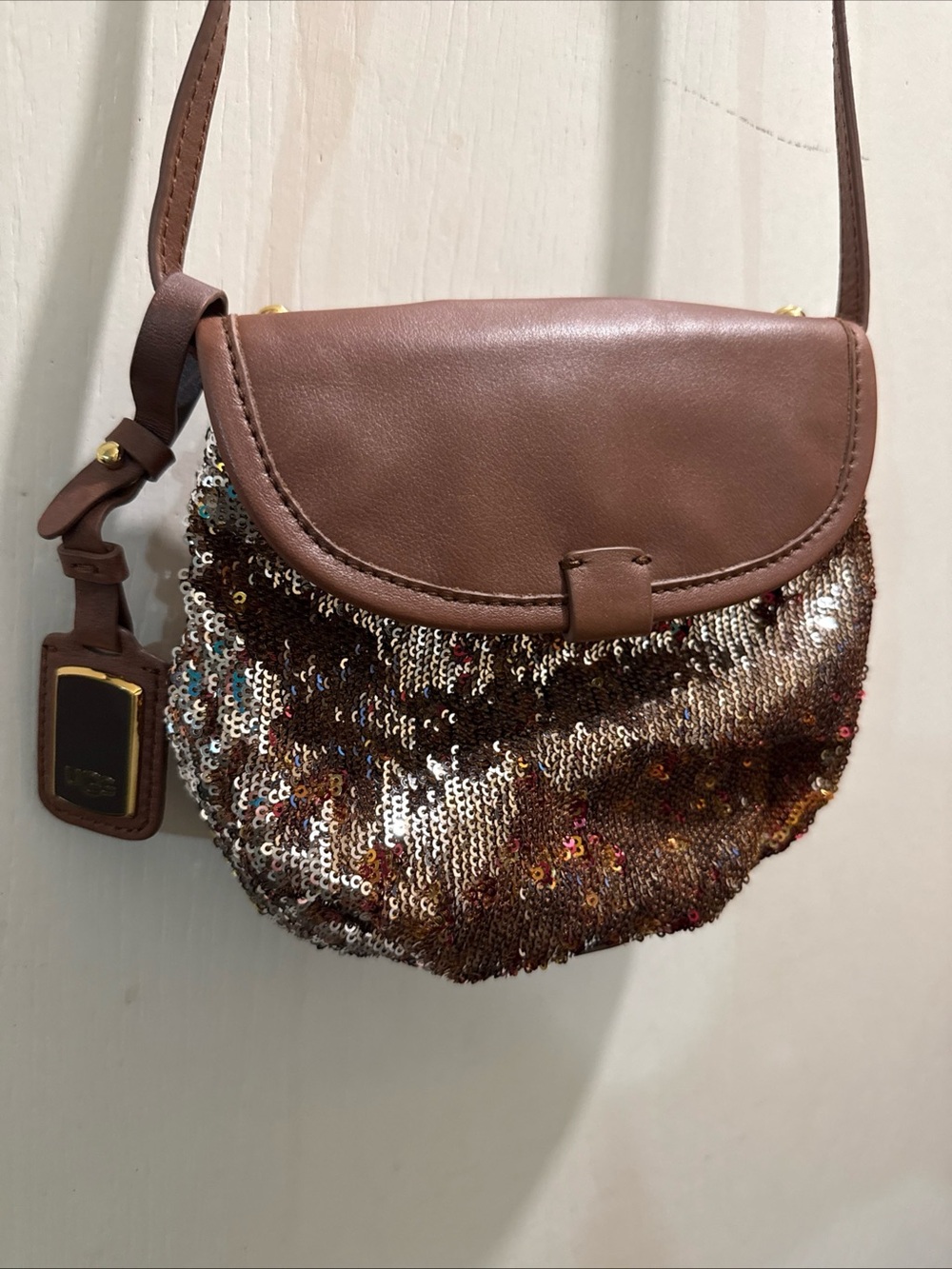 UGG nwot Brown Sequin Crossbody Bag with Leather Flap